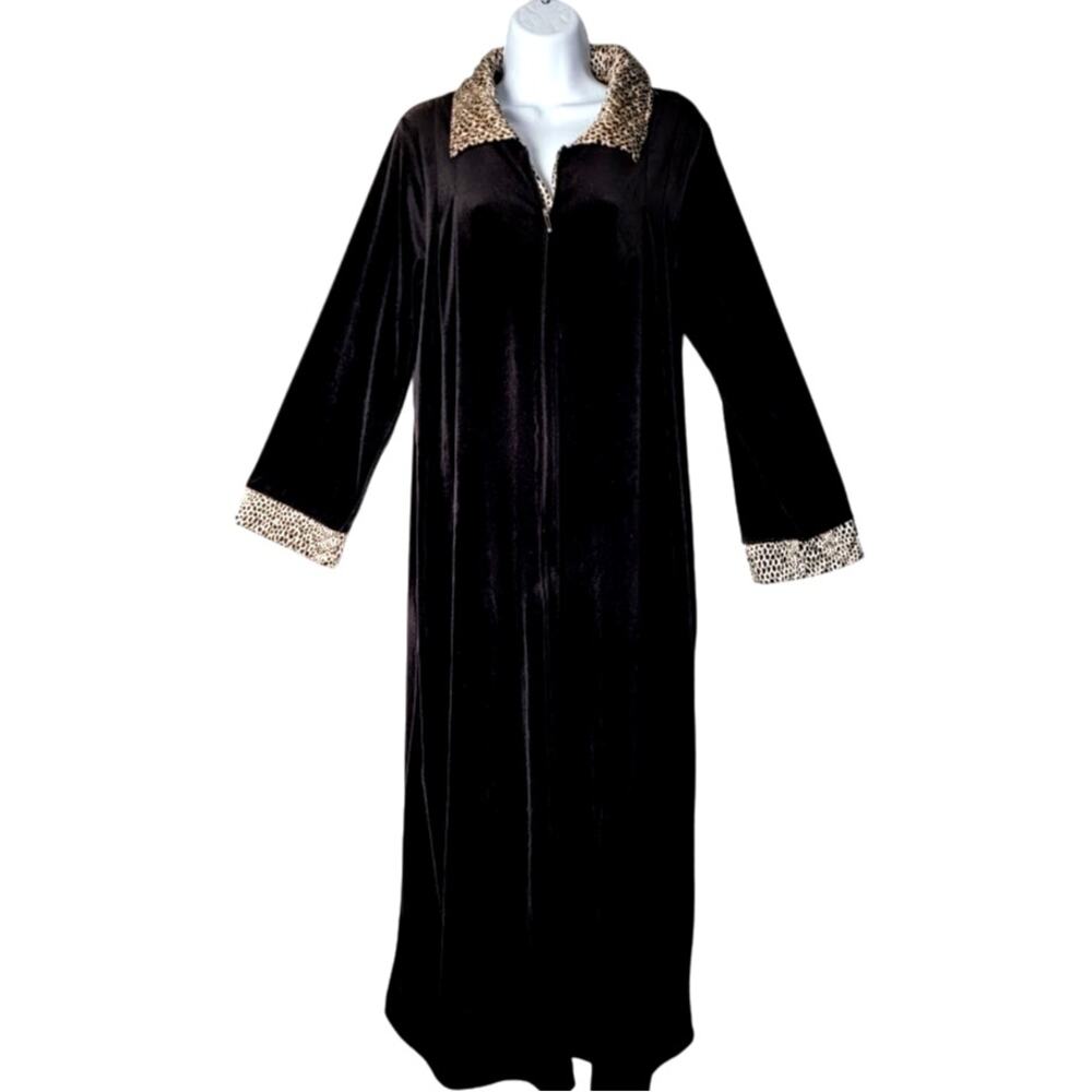 VTG Cinema Etoile Black Velour Leopard Trim‎ Robe Long Zip Front L Retro Luxury